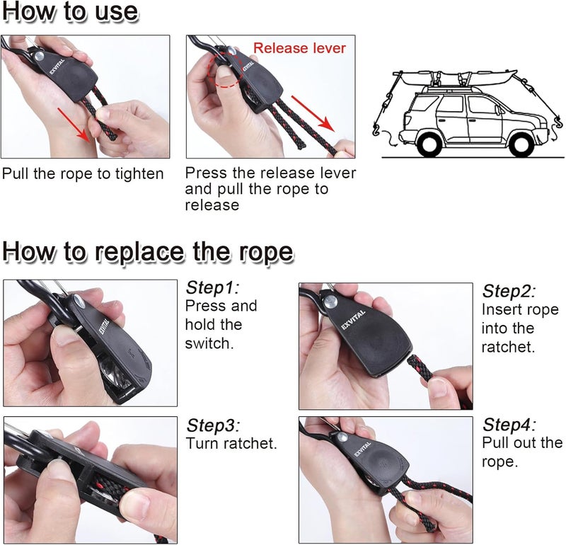 EXVITAL 4PCS Kayak Rope Tie Down Ratchet Straps 1/4" ×12' Bow and Stern Tie Down Kayak with Safety S Hook Heavy Duty Ratchet Rope Kayak and Canoe Accessories Black - Image 5